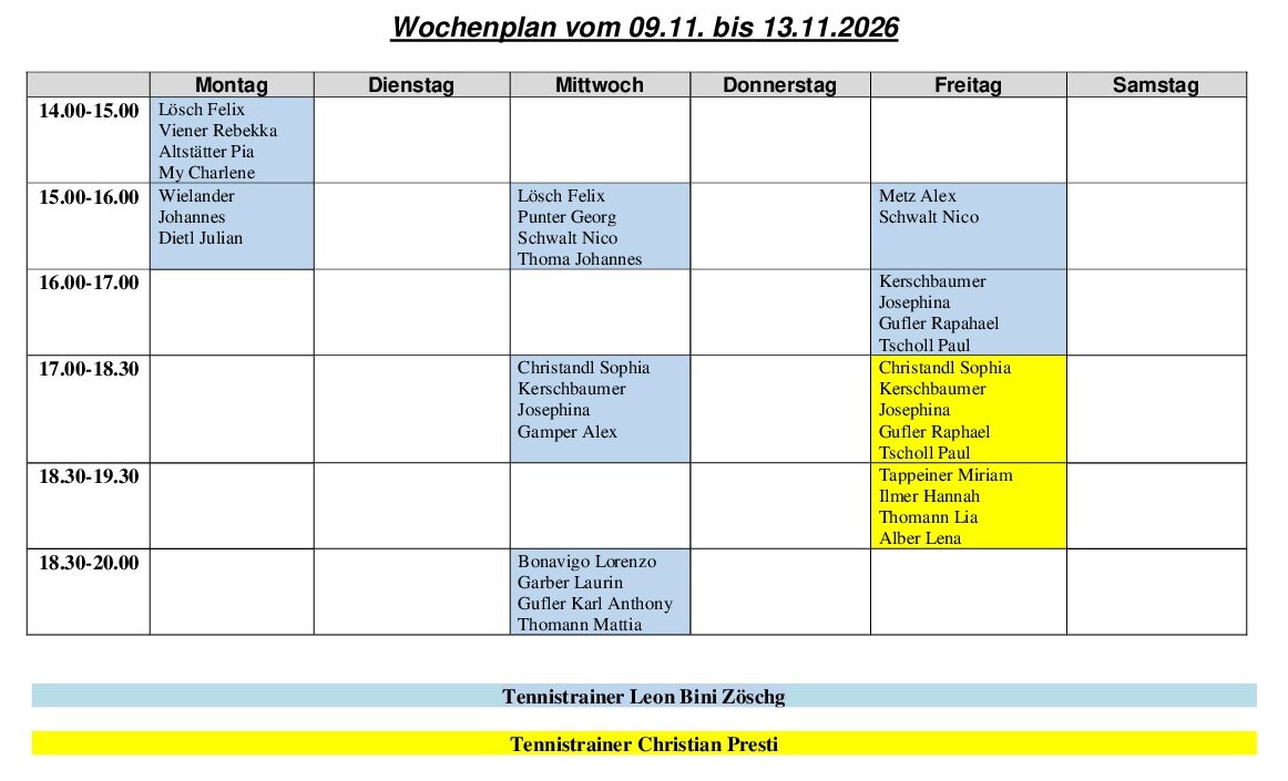Wochenplan vom 09.11.2026 bis 13.11.2026 HP